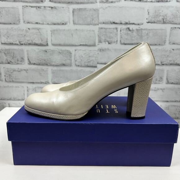 Stuart Weitzman Bone Lustre Round Toe Heel Sz 8.5 - Picture 3 of 14